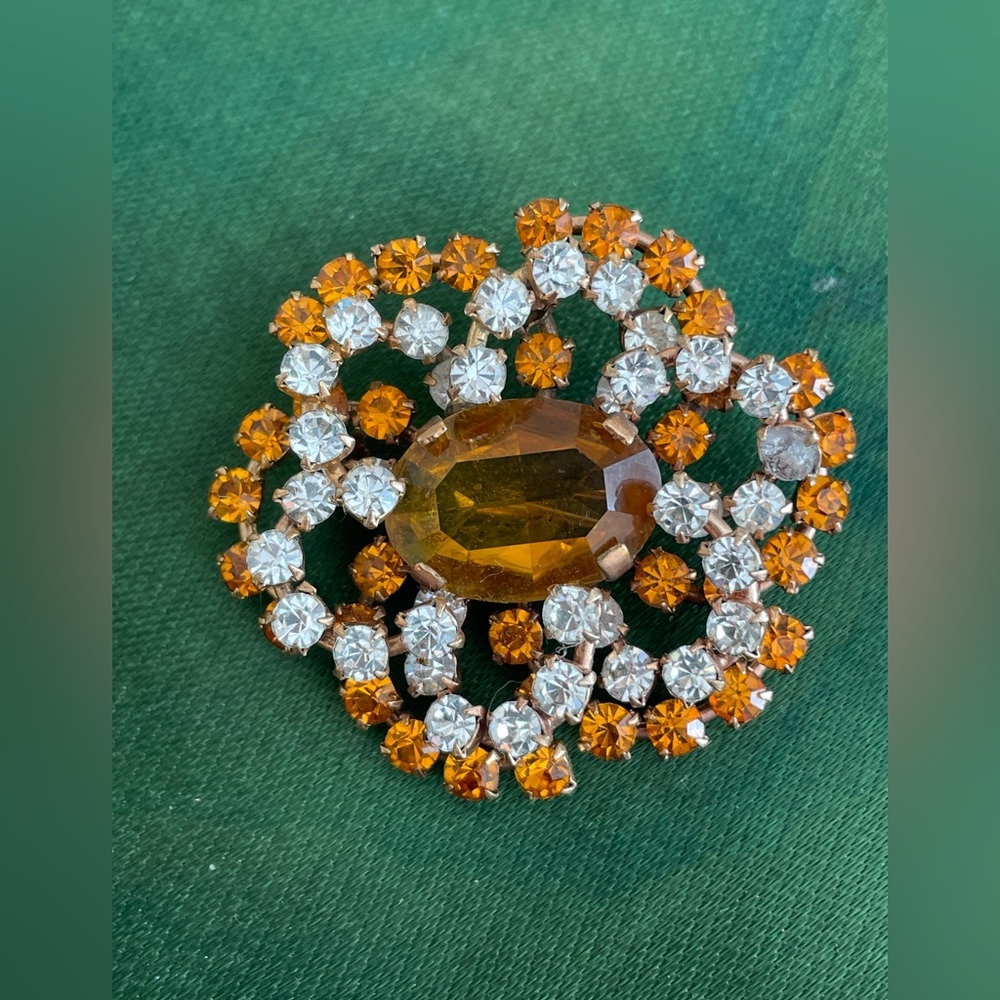 Vintage Sunburst Brooch with Topaz and White Rhinestones